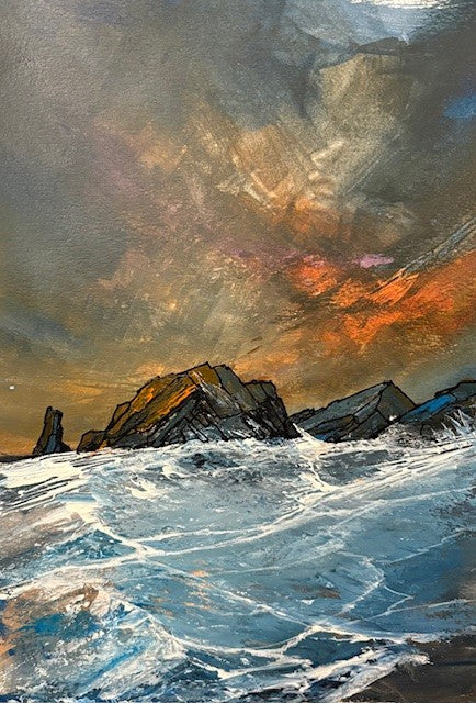 Painting of a stormy sea with rocks and a dramatic sky.