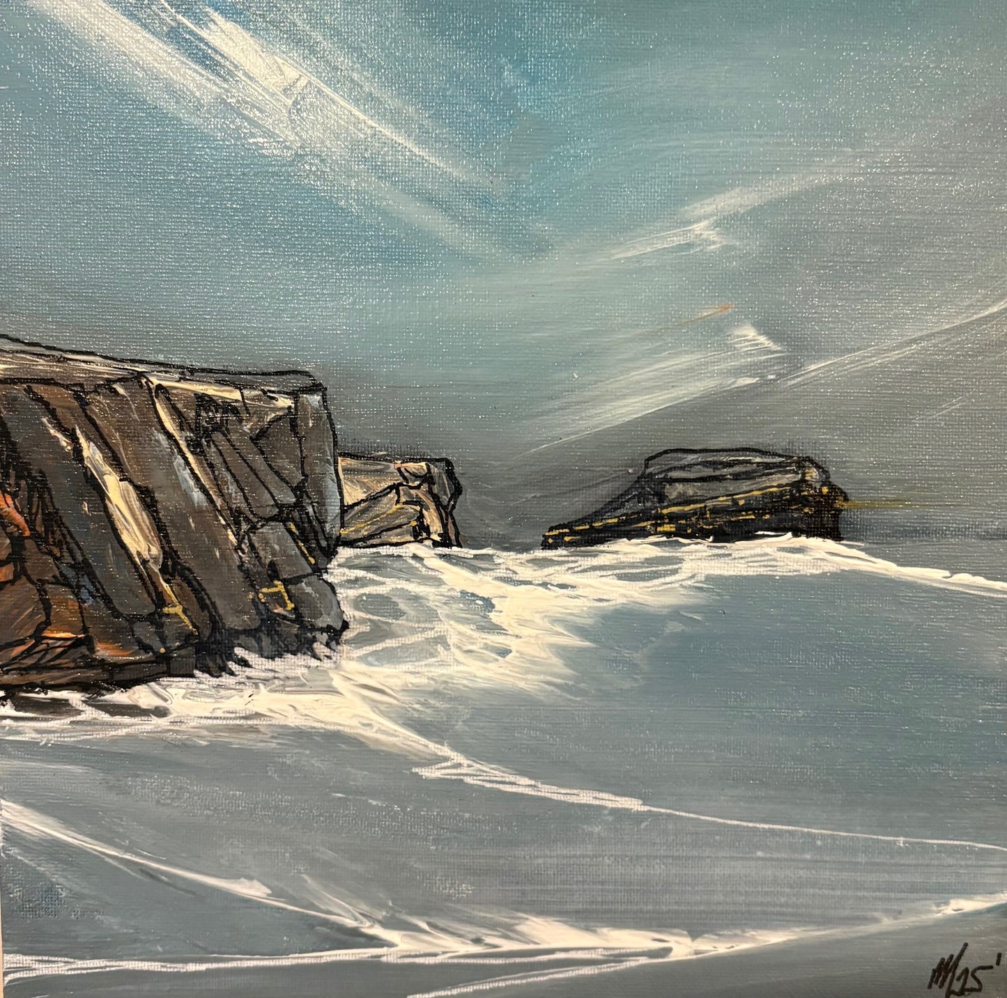 Painting of an irish seascape at kilkee with rocks and a sweeping sea