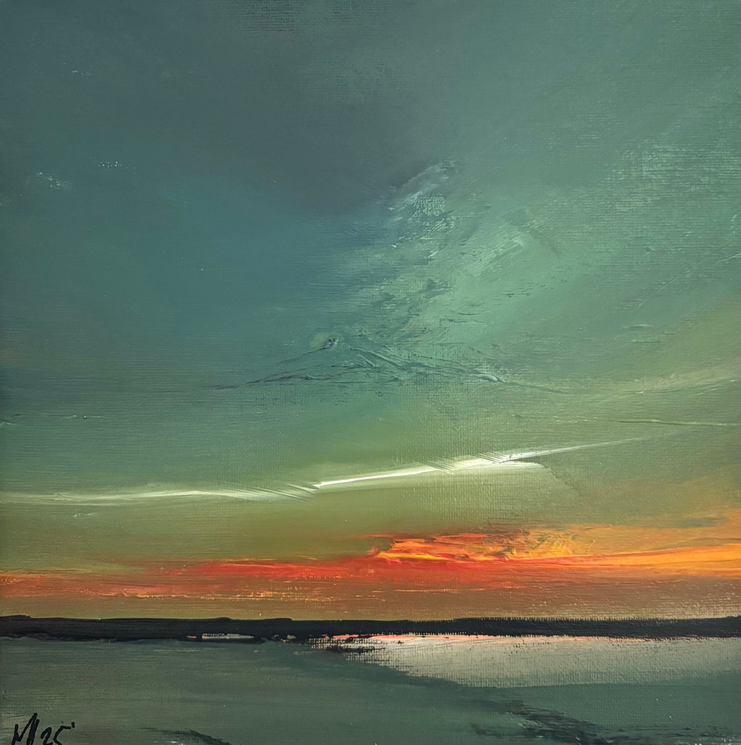 Surreal Irish landscape with a gradient sky transitioning from green to orange, and a dark foreground. New dawn over the Irish coastline 2026 — original acrylic painting by Irish seascape artist Marcel Lindsay