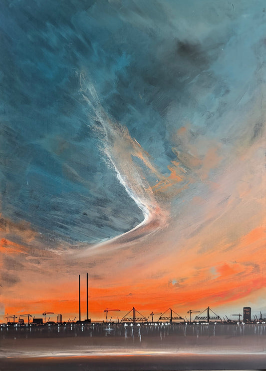 Swirling Sky Dublin Skyline - Acrylic on Canvas stretched and raised 54cm x 75cm - Framed