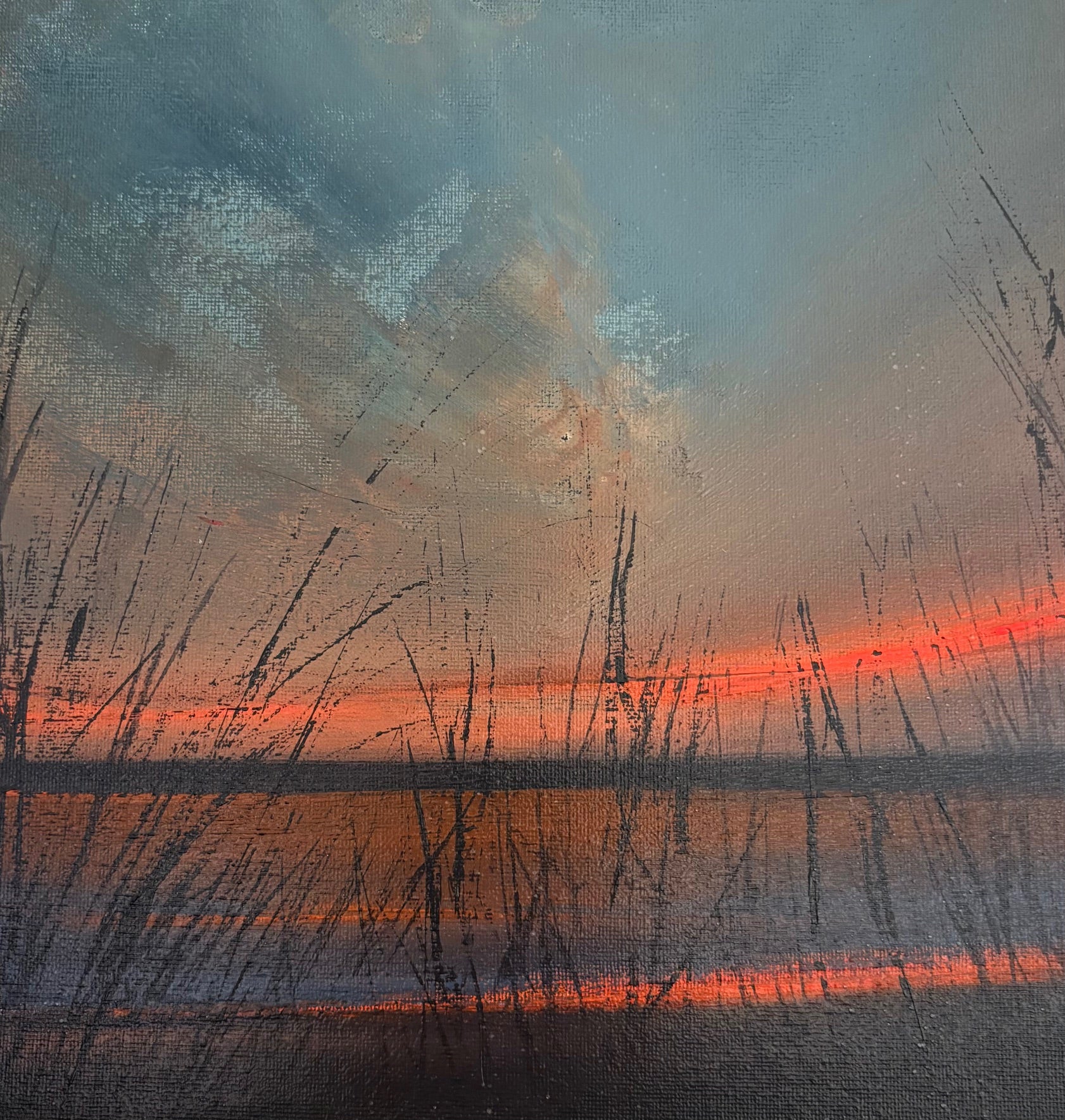 Twilight light through beach grass on the Irish coast — original acrylic painting by Irish seascape artist Marcel Lindsay

