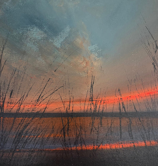 Twilight light through beach grass on the Irish coast — original acrylic painting by Irish seascape artist Marcel Lindsay
