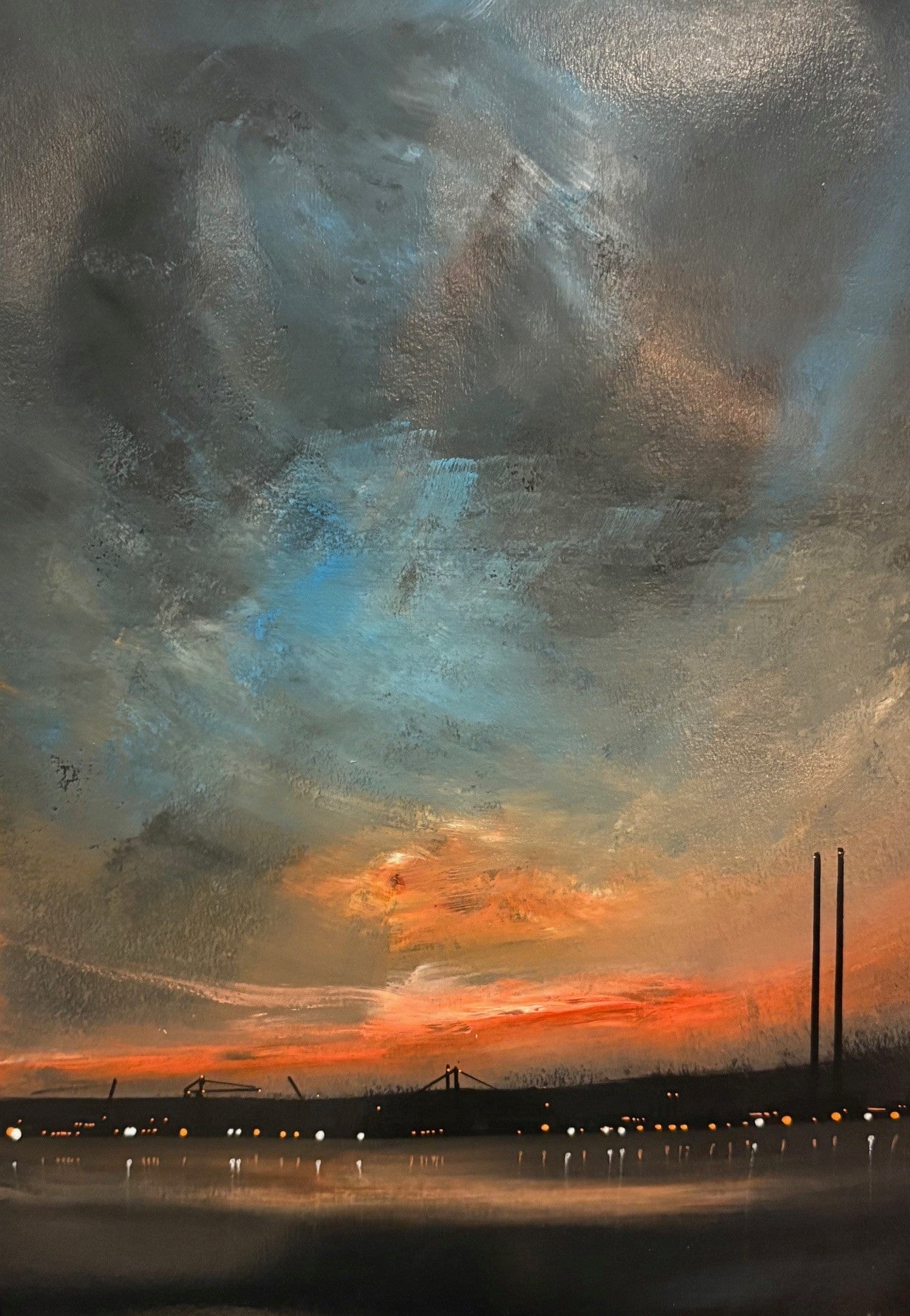 Dublin Docklands skyline in stormy light — Poolbeg Chimneys original acrylic painting by Irish seascape artist Marcel Lindsay

