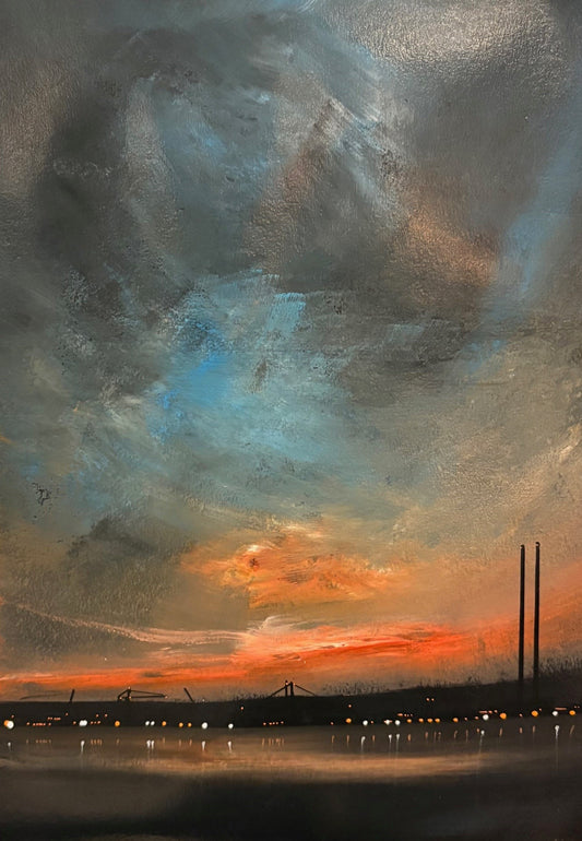 Dublin Docklands skyline in stormy light — Poolbeg Chimneys original acrylic painting by Irish seascape artist Marcel Lindsay
