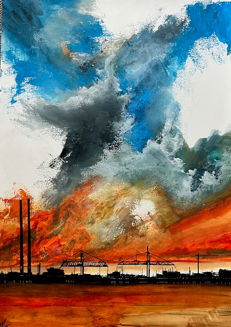 Dublin Skyline painting  Poolbeg chimneys of a dramatic sky with orange, blue, and black colors.