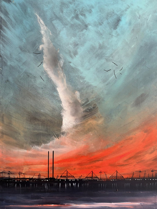 Swirling dramatic sky over Dublin skyline - poolbeg Chimneys — original framed acrylic painting by Irish seascape artist Marcel Lindsay
