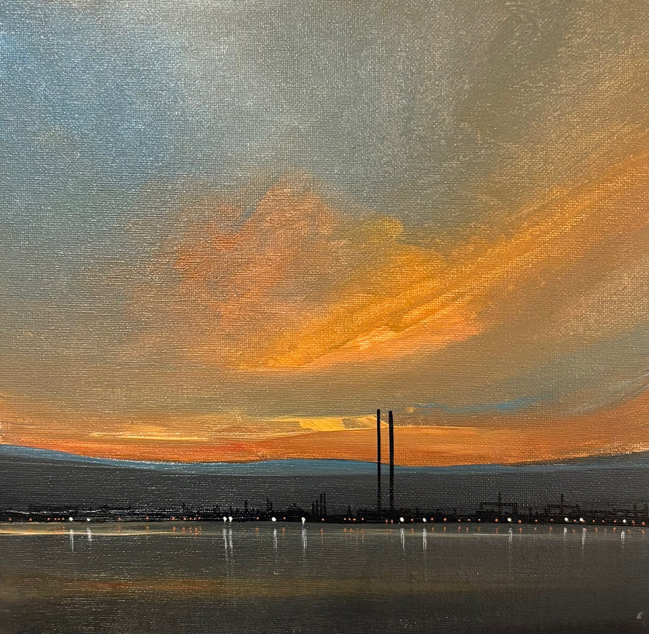Dublin Sunset over a landscape with industrial structures, featuring warm colors and textured brushstrokes.