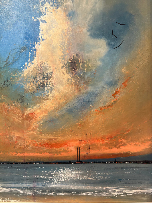 Abstract Dublin Skyscape art with a mix of blue, orange, and gray colors on a textured surface.