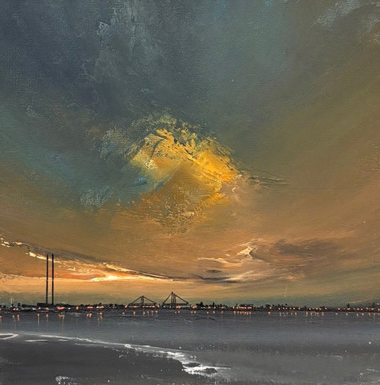 painting of a Dublin Sunset over a body of water with a city skyline in the distance