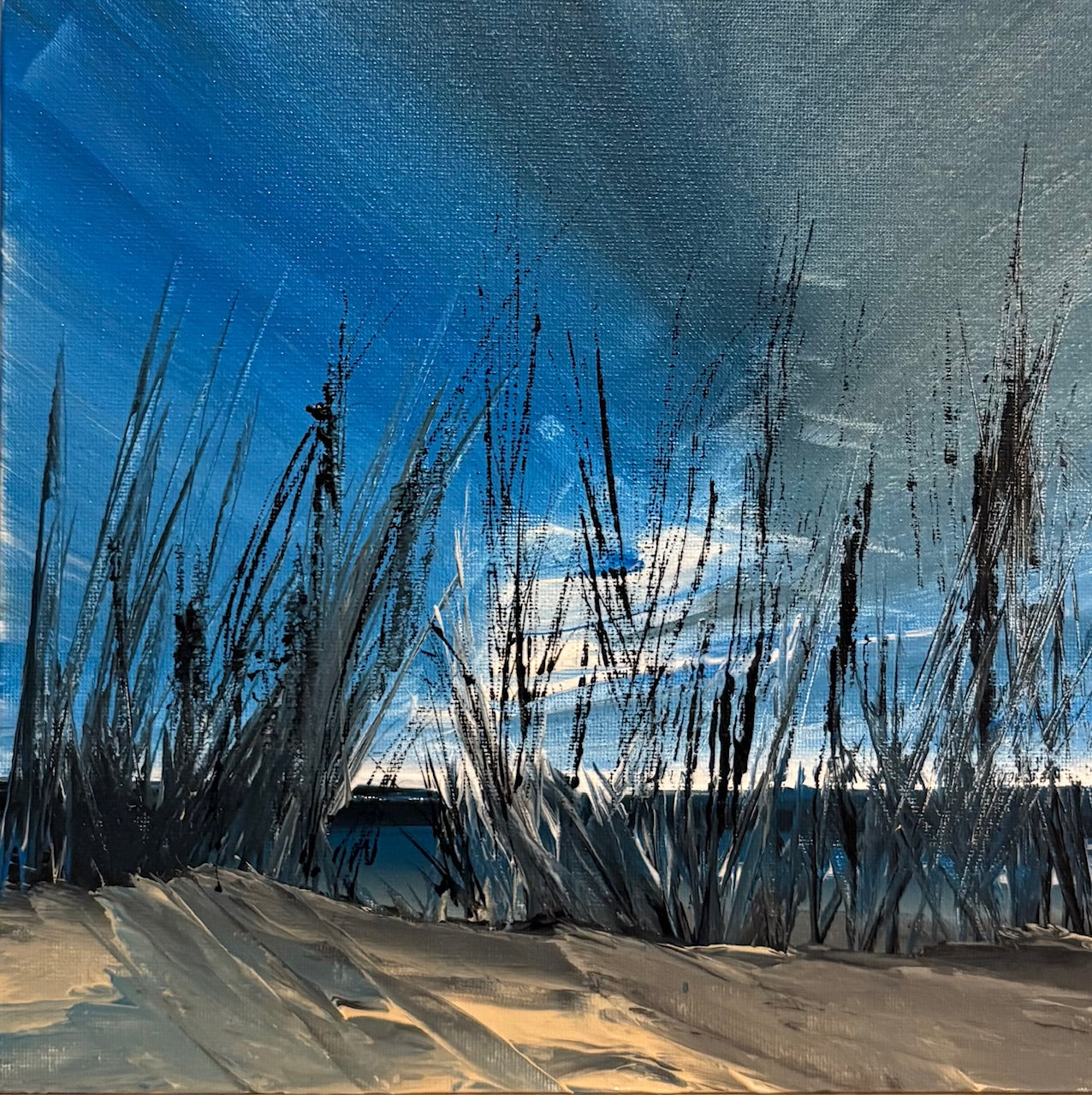 Irish Landscape painting  of tall grasses against a blue sky with clouds. Dollymount beach 