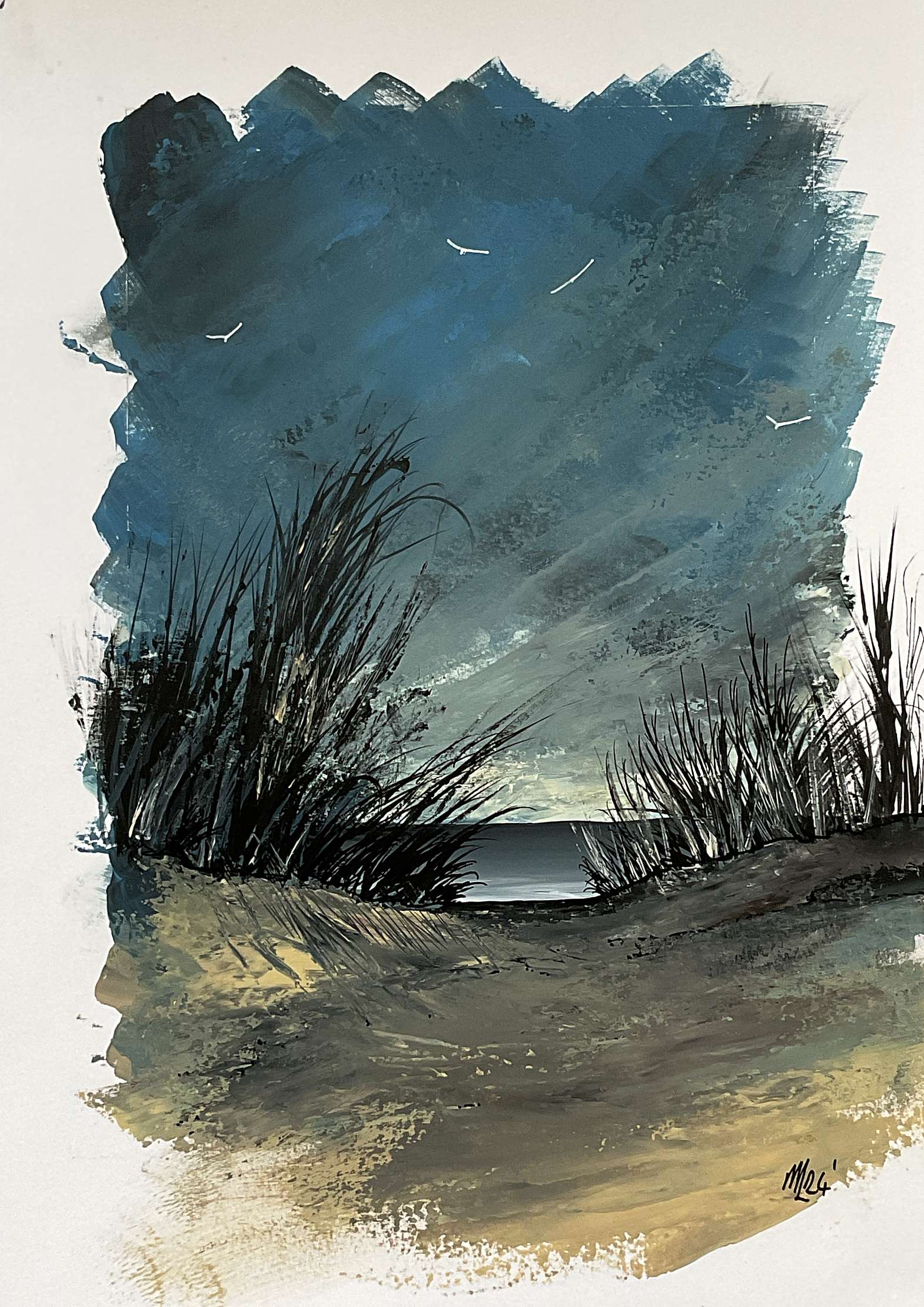 An original acrylic painting on A3 sized paper featuring a seascape with dunes and a sky, with a blend of blue and grey tones.