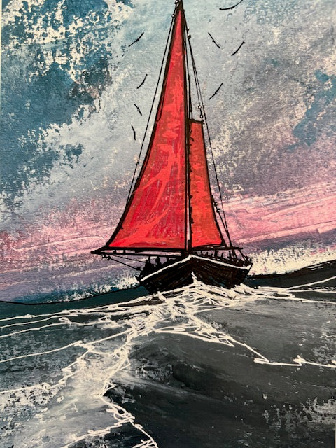 Galway Hooker traditional sailing boat heading out to sea — fine art print by Irish seascape artist Marcel Lindsay
