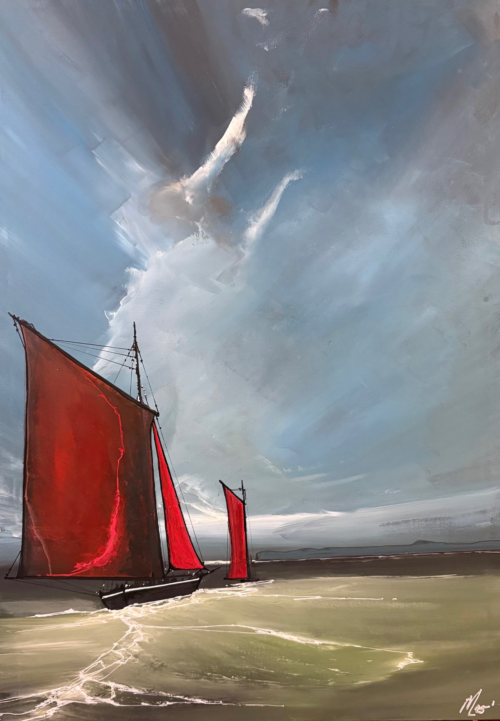 Galway Hooker Sailing boat with red sails on off the wild atlantic way under a dramatic sky - Irish seascape painting 