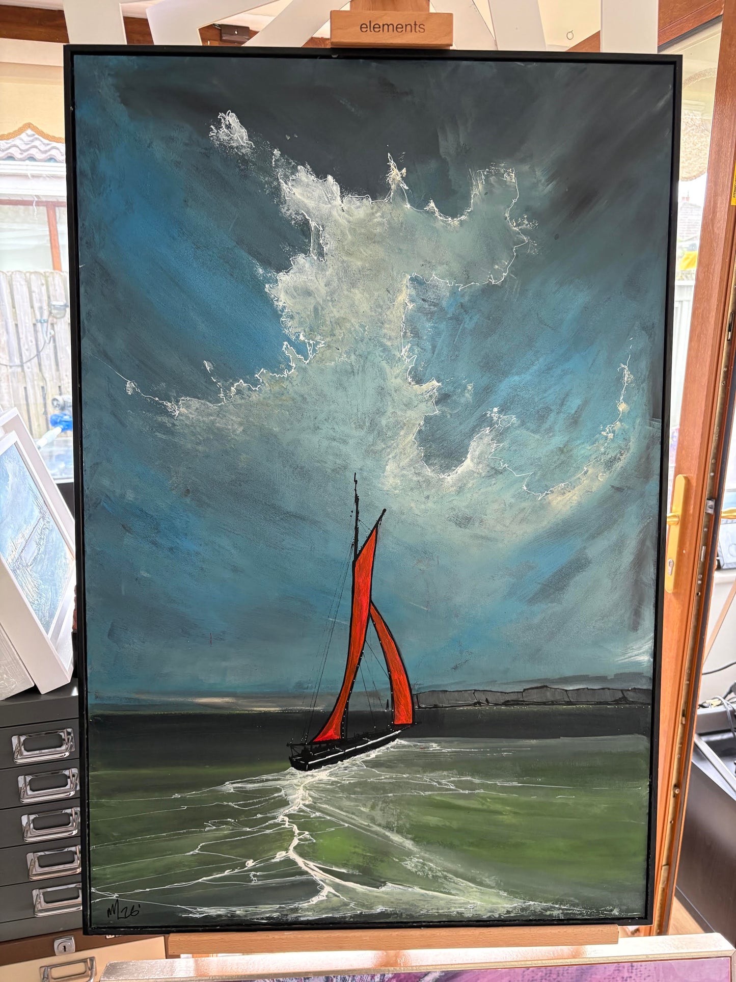 The Irish Rover Galway Hooker loose on the Atlantic wave — original acrylic painting by Irish seascape artist Marcel Lindsay
