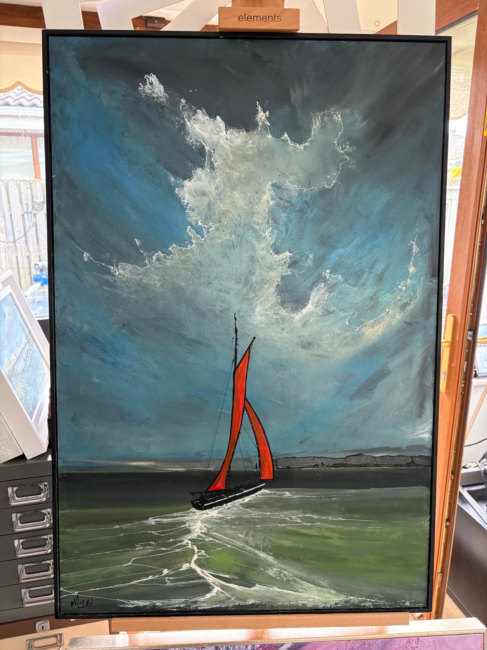 The Irish Rover Galway Hooker loose on the Atlantic wave — original acrylic painting by Irish seascape artist Marcel Lindsay
