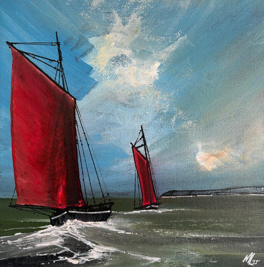 Painting of 2 Galway Hookers sailboat with red sail on a body of water under a blue sky.