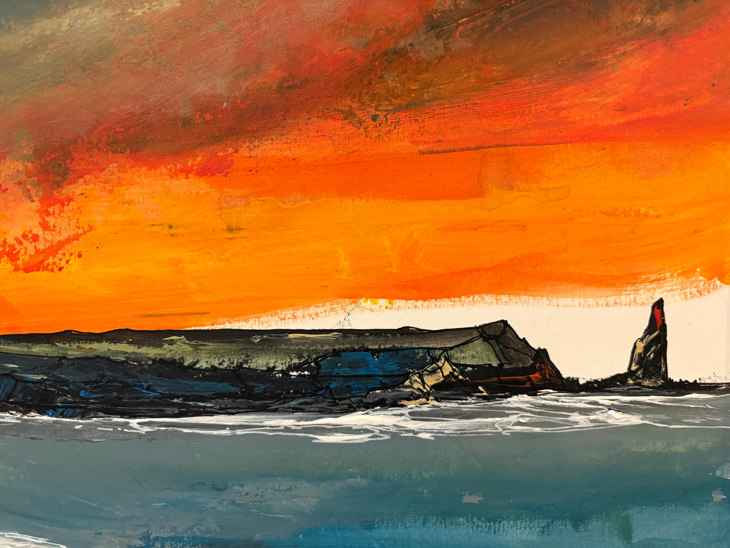 Irish Landscape coastal scene with swirling Sky of blue, orange, and white.