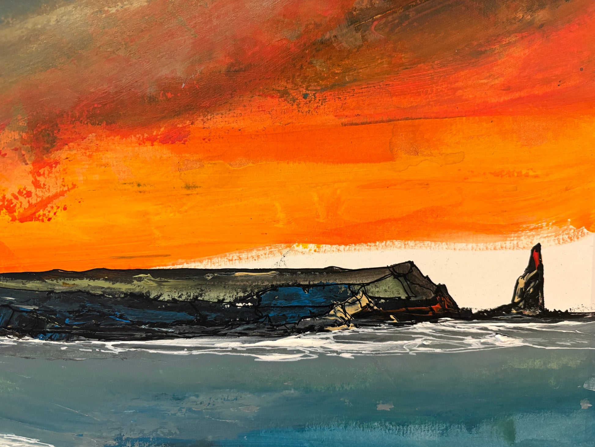 Irish Landscape coastal scene with swirling Sky of blue, orange, and white.