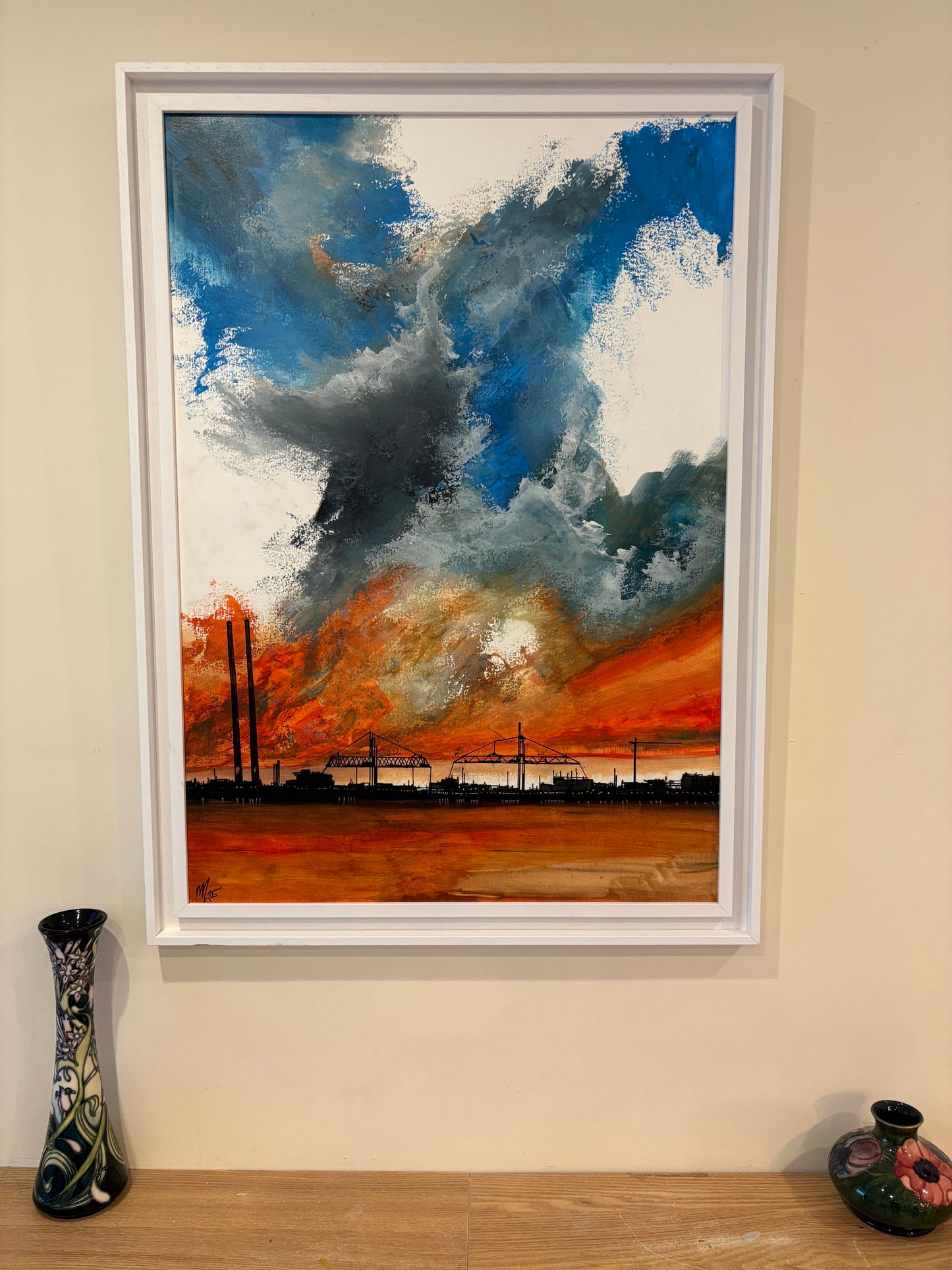 Dublin Skyline painting  Poolbeg chimneys of a dramatic sky with orange, blue, and black colors.