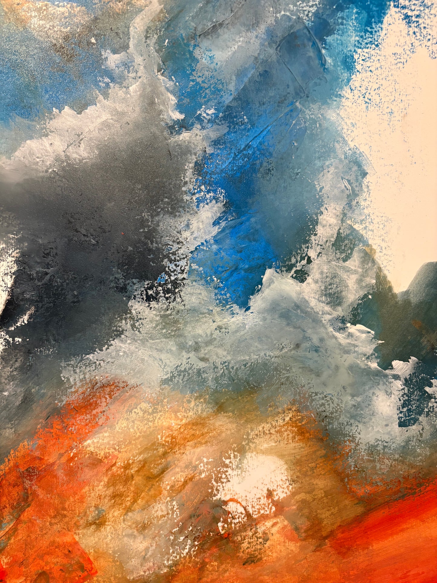 Dublin Skyline painting  Poolbeg chimneys of a dramatic sky with orange, blue, and black colors.