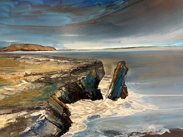 Painting of a coastal scene with rocks and water - Irelands Eye