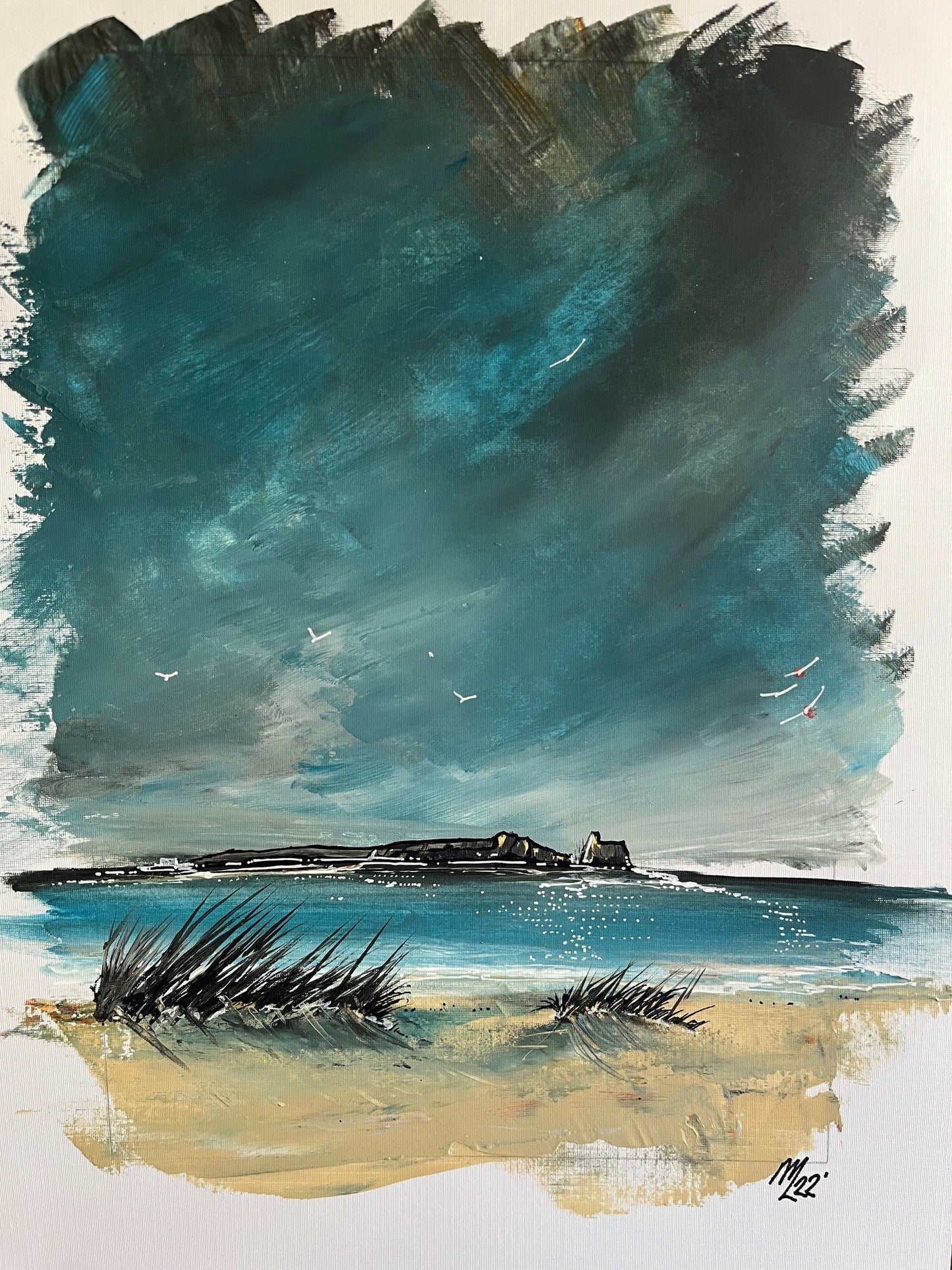 A painting depicting a coastal scene with a lighthouse, titled 'Irelands Eye'.