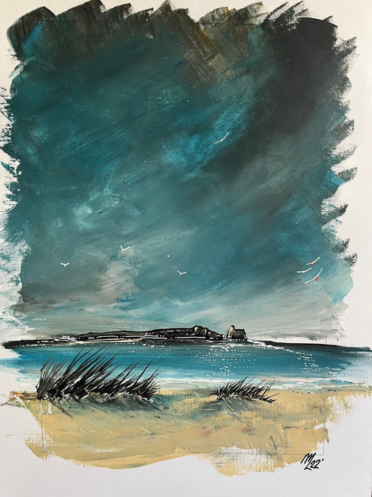 A painting depicting a coastal scene with a lighthouse, titled 'Irelands Eye'.