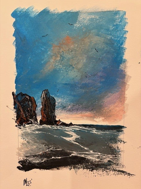 painting of depiction of a coastal scene with rocks and water, using a limited color palette. Irelands Eye Howth