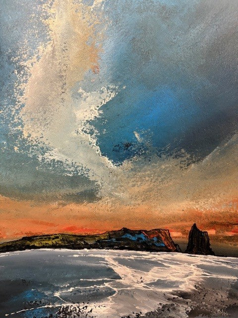Artistic depiction of a Ireland Eys off Howth Co Dublin  landscape with a large wave crashing over it.