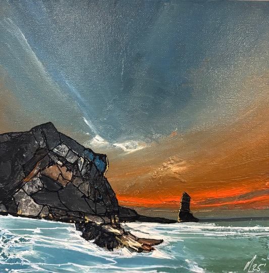 Painting of a Irish rocky coastline with a dramatic sky during sunset.