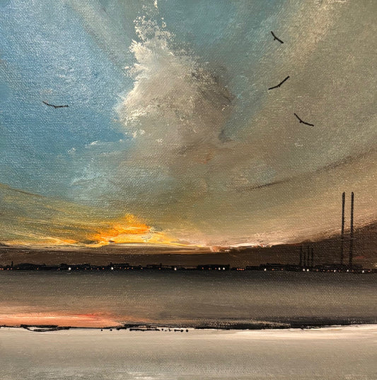 Surrealist Dublin  landscape with a sunset, birds, and a bridge.