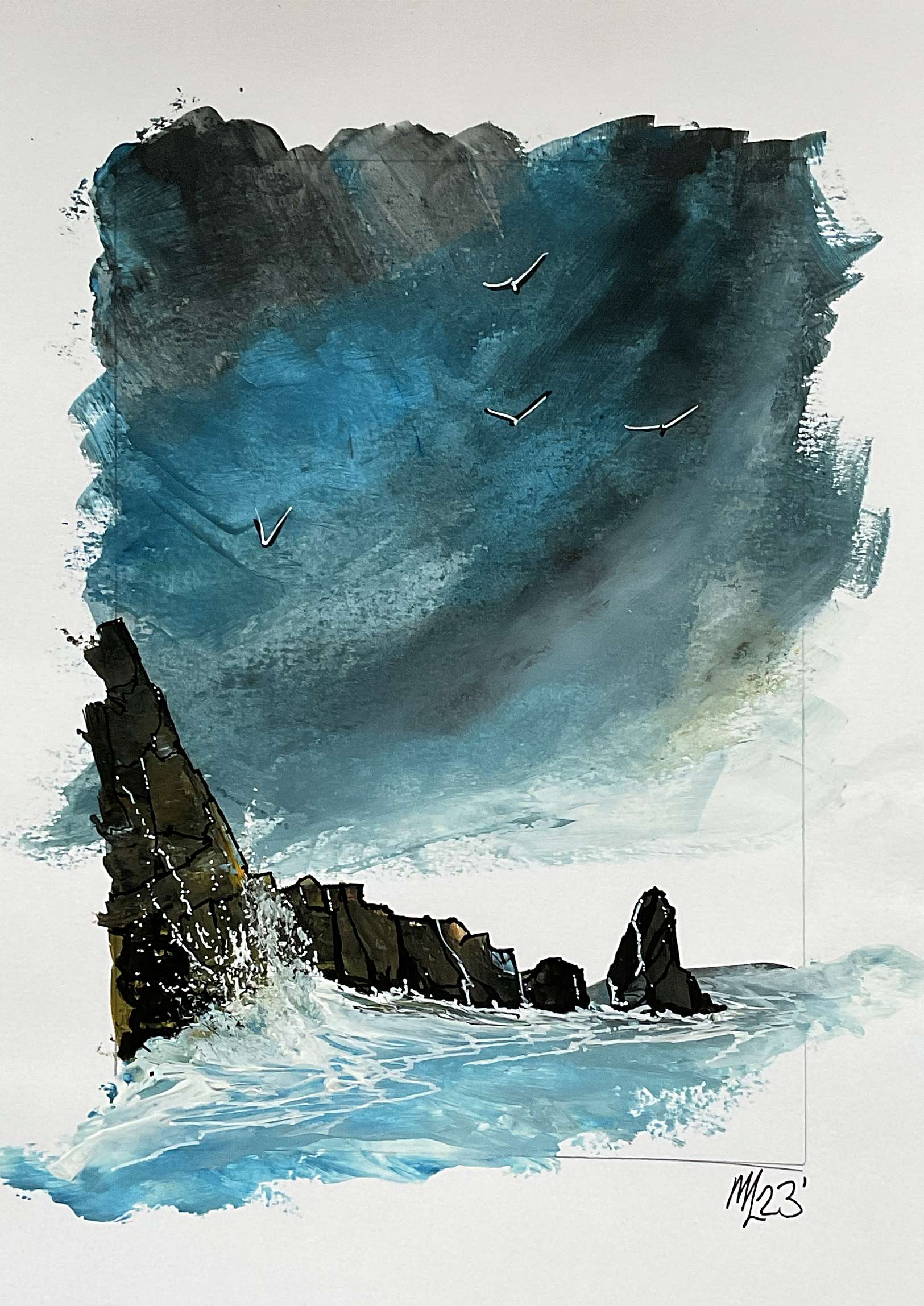 An A3 original painting depicting rocks off Howth with birds in the sky, predominantly in shades of blue and grey.