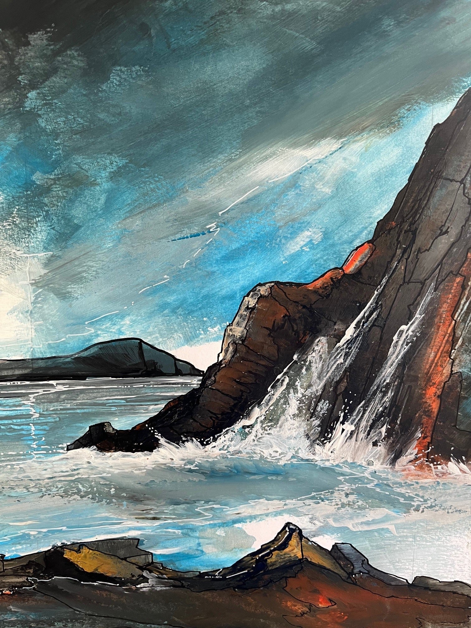 A painting depicting a serene blue pool with a rocky coastline and a sky background, delivered in a postal tube.