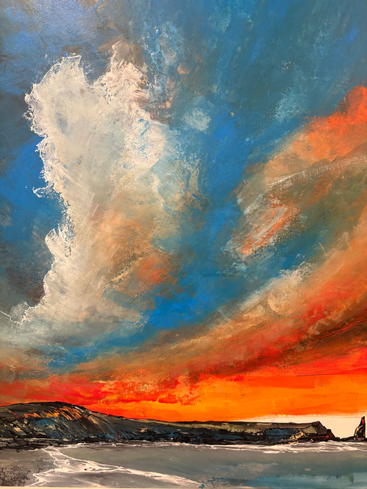 Irish Landscape coastal scene with swirling Sky of blue, orange, and white.