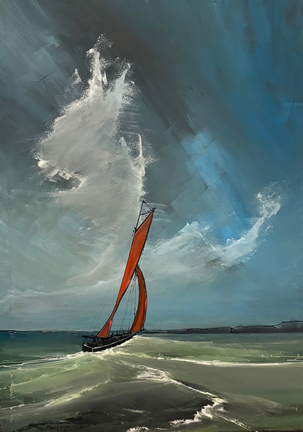 Irish Seascape showing a Galway Hooker Sailboat with the traditional red sail on choppy waters under a dramatic sky.